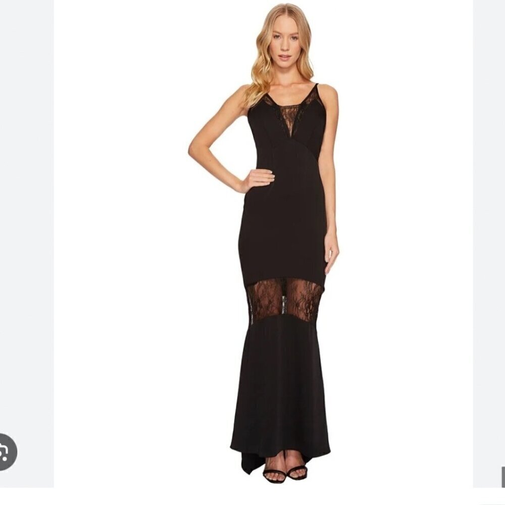 Adelyn Rae Womens Black V-Neck Lace Illusion Evening Maxi  